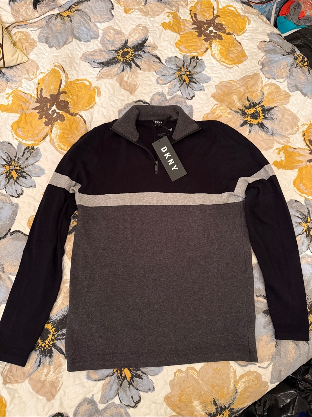 DKNY Men's Black & Charcoal Quarter-Zip with Gray Stripe